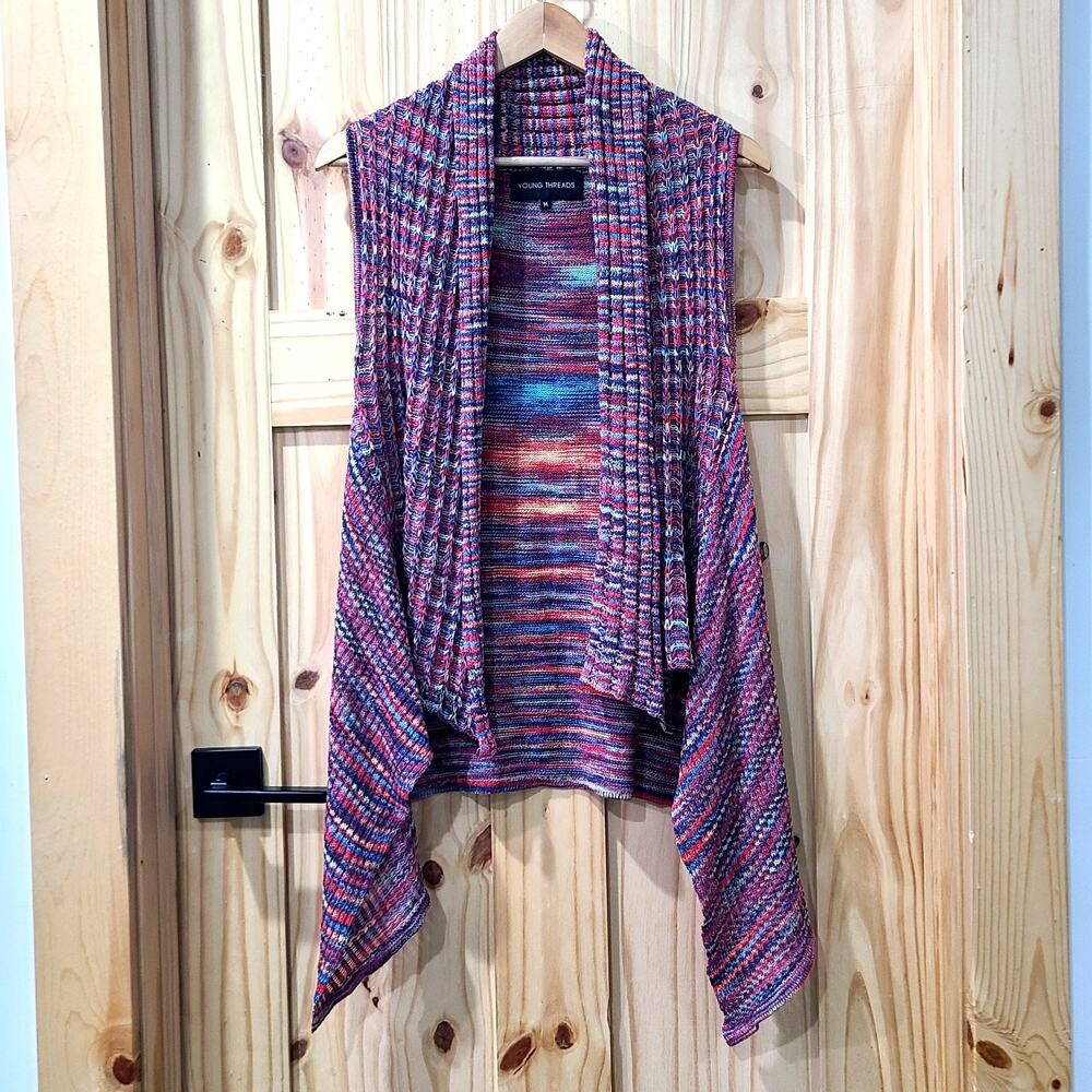 Young Threads Sleeveless Knit Waterfall Cardigan Multicolor Rainbow Boho Size M